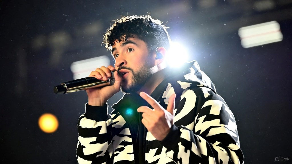 A male performer holding a microphone, dressed in a black and white patterned jacket, passionately singing on stage with bright lights in the background.