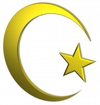 A golden crescent moon with a star, symbolizing Islam.