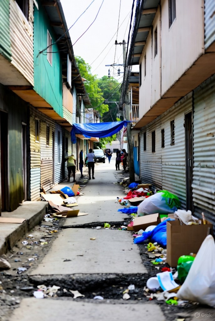 Narrow street in a Puerto Rican neighborhood lined with colorful corrugated metal houses, littered with garbage and debris, showcasing urban conditions.