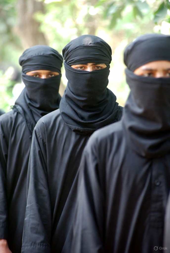 Group of individuals wearing black traditional clothing and face coverings, standing in a line outdoors.