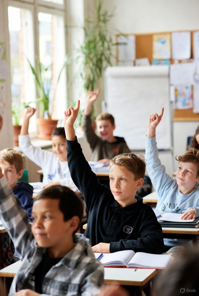 A classroom scene with several children raising their hands to answer a question, engaged in a learning activity.
