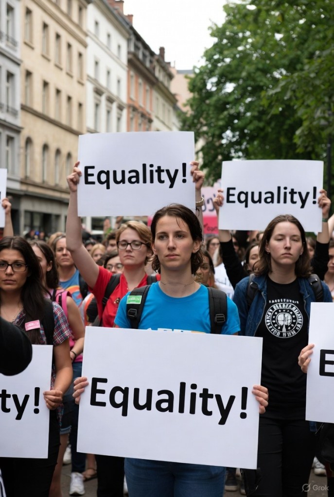 A group of people protesting for equality, holding large signs that say 'Equality!' in bold letters.