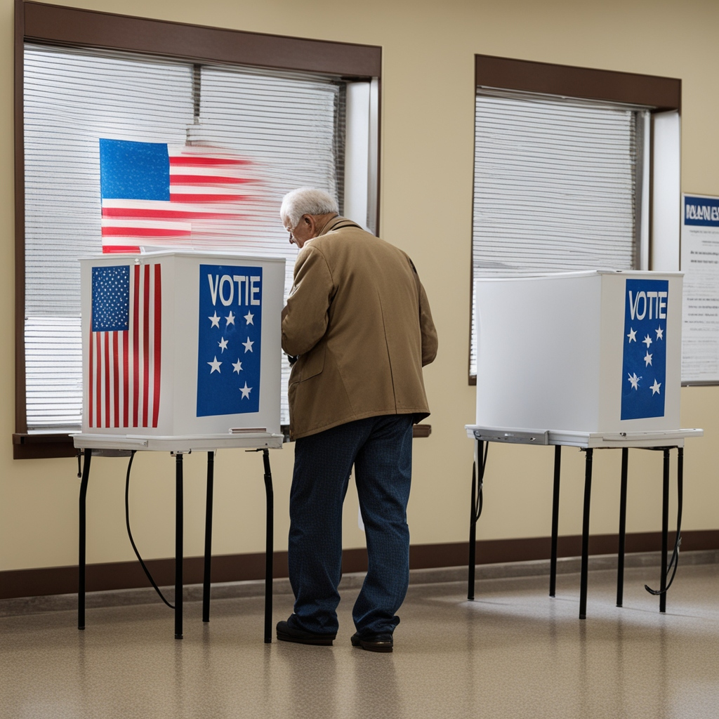 An elderly man casting his vote at a polling station with voting booths displaying American flags.