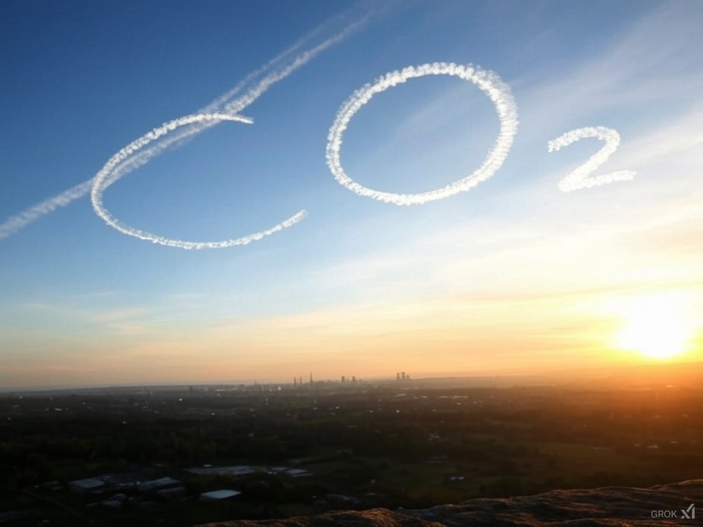 A sunset view with clouds forming the letters 'CO2' in the sky, over a landscape featuring distant city skyline and open fields.