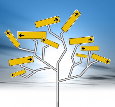 Abstract illustration of a tree structure made of directional yellow signs pointing in various directions against a blue background.