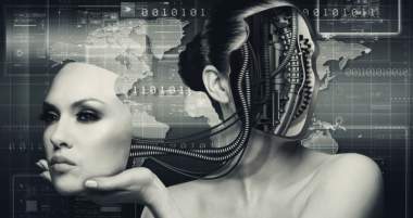 A digitally manipulated image of a woman with a robotic face, featuring mechanical components integrated into her head, set against a background of binary code and a world map.