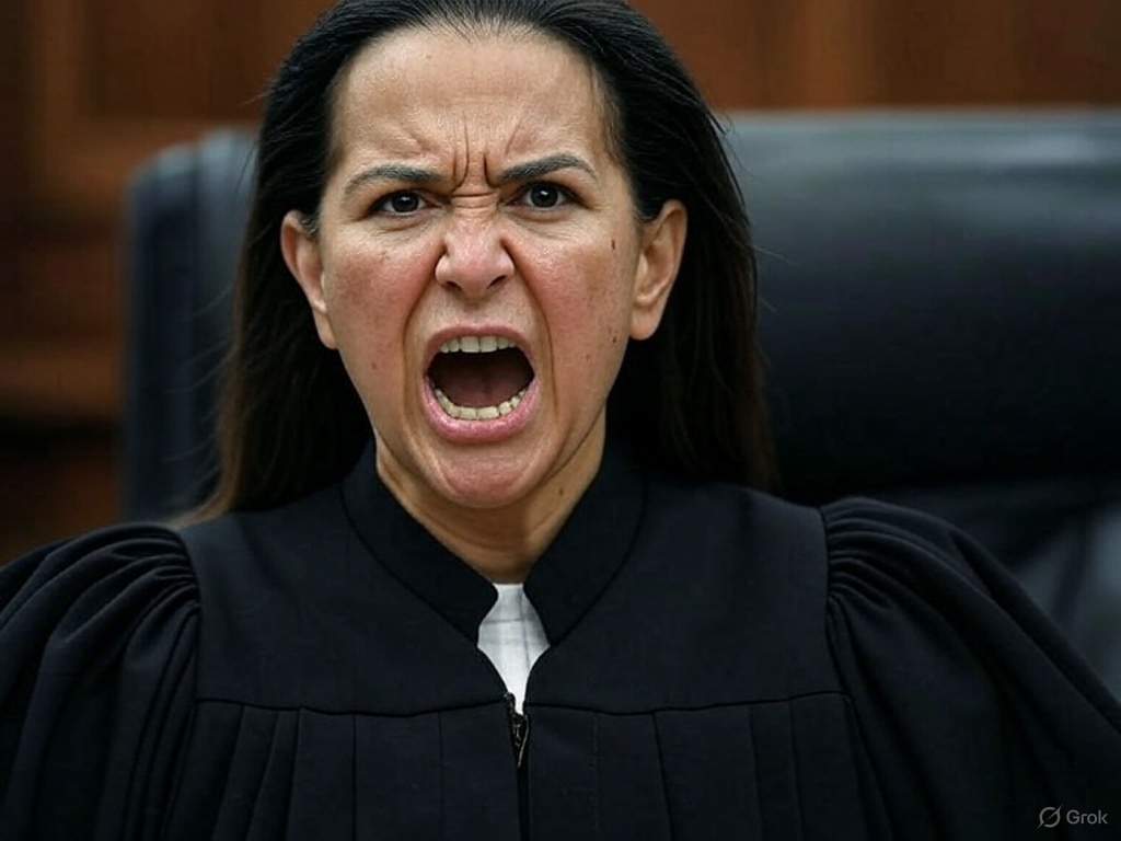 A judge in a black robe shouting angrily while sitting at a courtroom bench.
