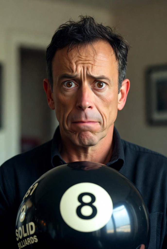 A concerned man holding an eight-ball, looking uncertain or anxious.