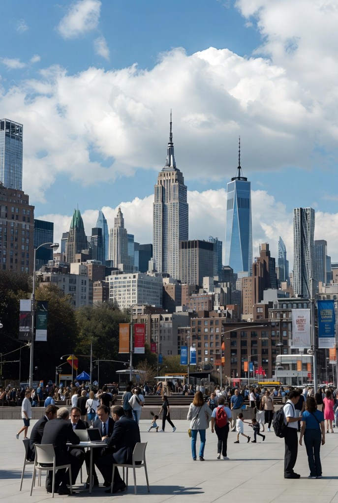 A vibrant city scene in New York City featuring the Empire State Building and One World Trade Center, with people walking and sitting at tables in the foreground.