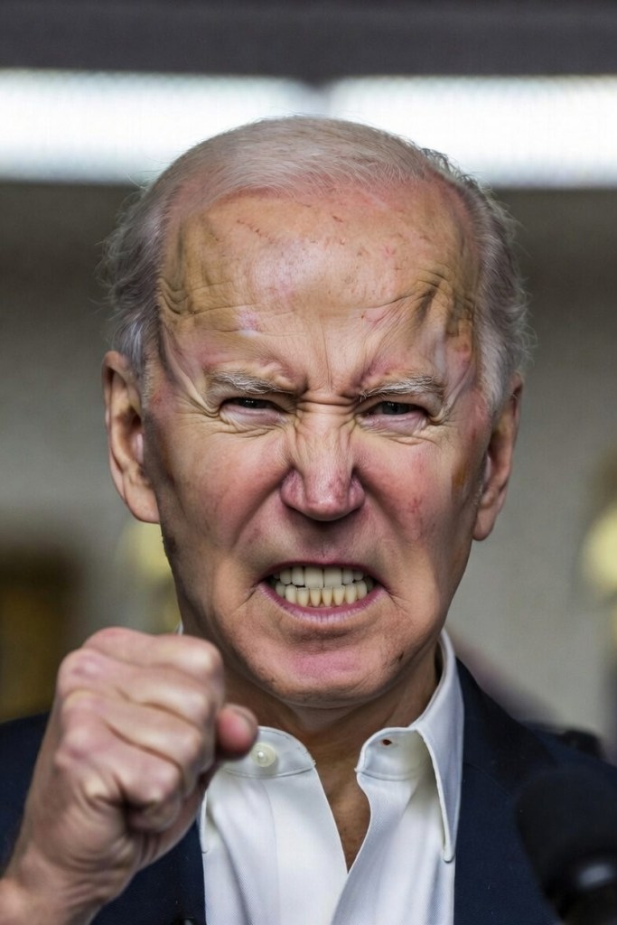 A person with a tense expression, showing anger, with clenched fists and bared teeth, standing in front of a blurred background.