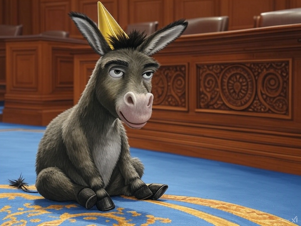 A cartoon donkey wearing a party hat sitting on a blue carpet in a legislative chamber.