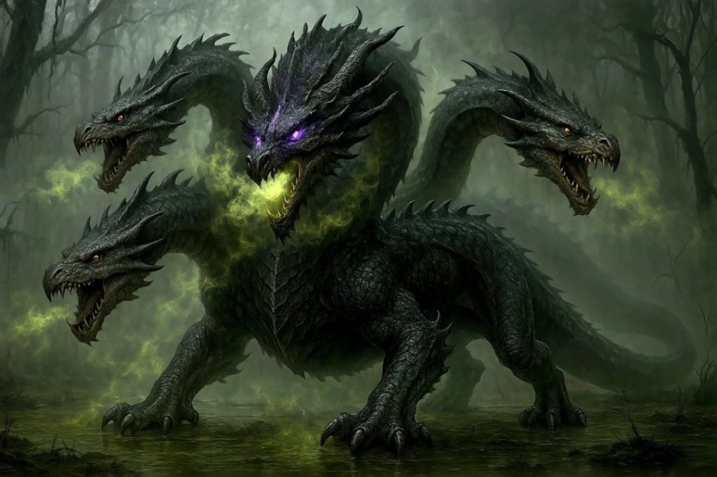A formidable three-headed dragon surrounded by a misty forest, emitting a greenish smoke from its mouths with glowing purple eyes.