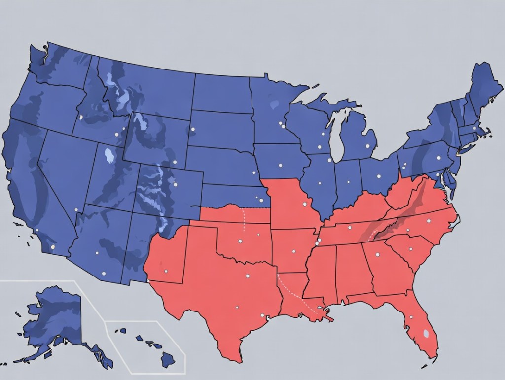 A map of the United States divided by color, with southern states highlighted in red and northern states in blue, indicating a regional distinction.