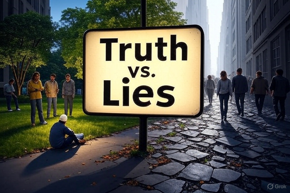 A large illuminated sign displaying 'Truth vs. Lies' in a city street surrounded by people walking and sitting.