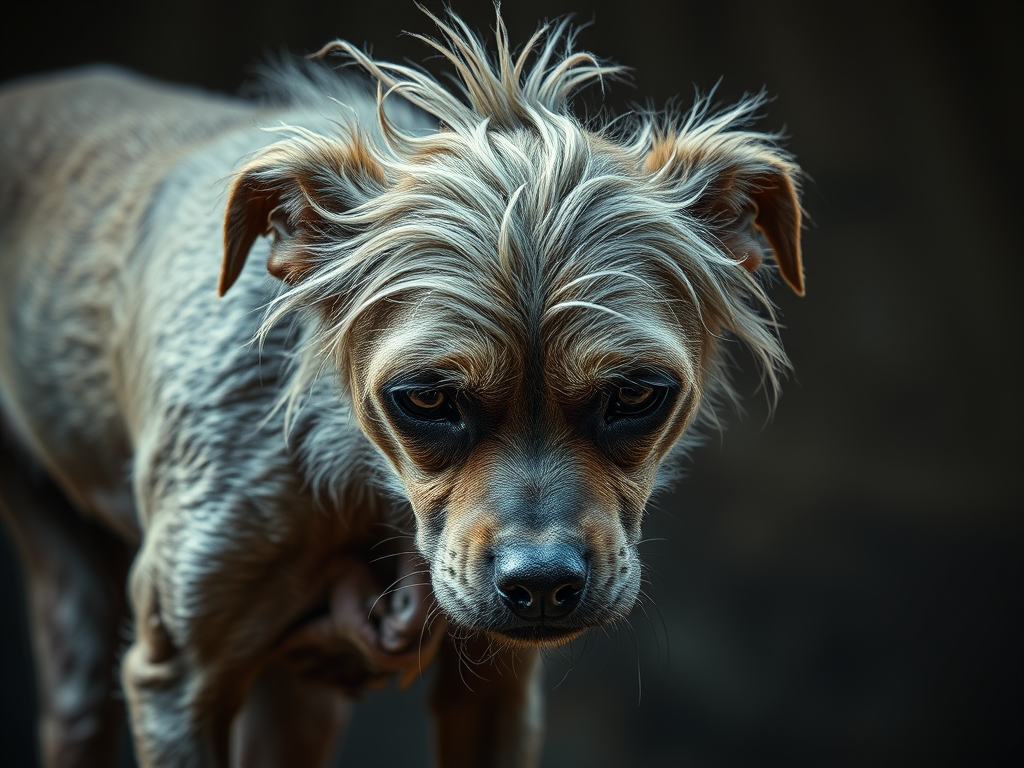 Close-up of a small dog with disheveled fur and an expressive face, looking directly at the camera.