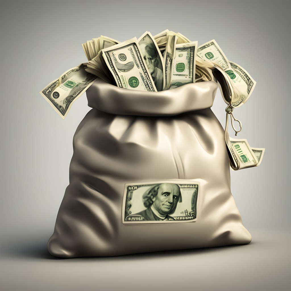 A canvas bag overflowing with US dollar bills, showcasing various denominations.