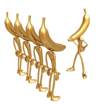 A group of five golden stick figures standing behind a single golden figure with a banana as a head, all in a playful and humorous pose.