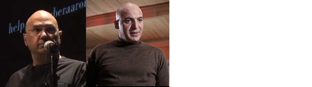 A split image featuring two bald men, one speaking into a microphone on the left and the other in a brown sweater on the right, both appearing serious.