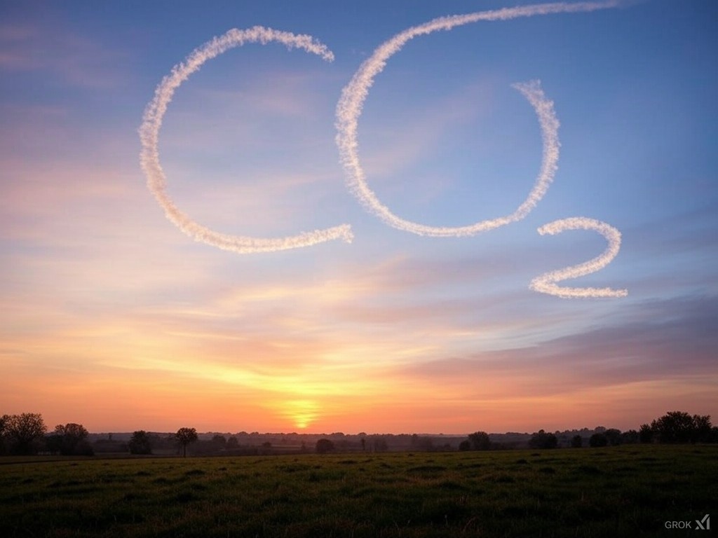 A sunset landscape with clouds forming the chemical formula 'CO2' in the sky.