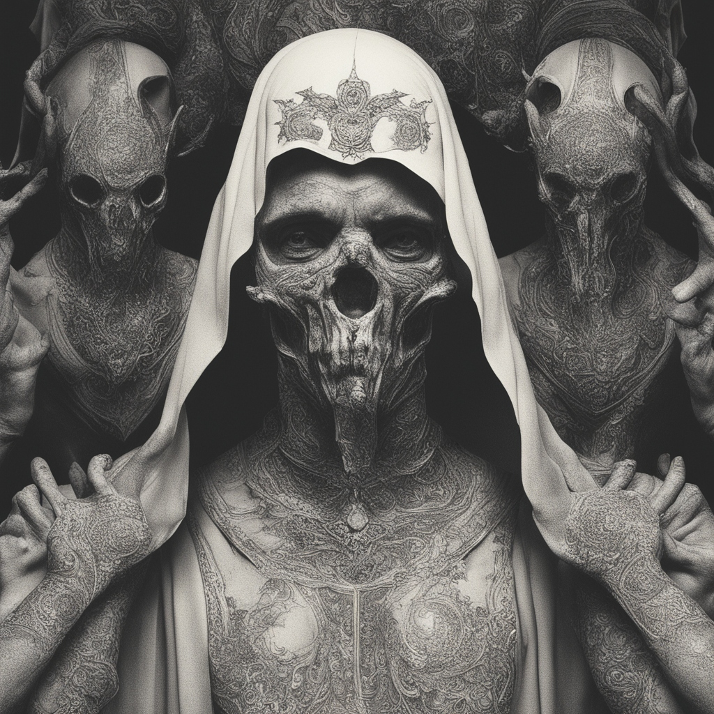 A monochromatic depiction of a hooded figure with a skull-like face, surrounded by shadowy, textured figures with elongated features and skeletal characteristics, intricate patterns visible on their skin.