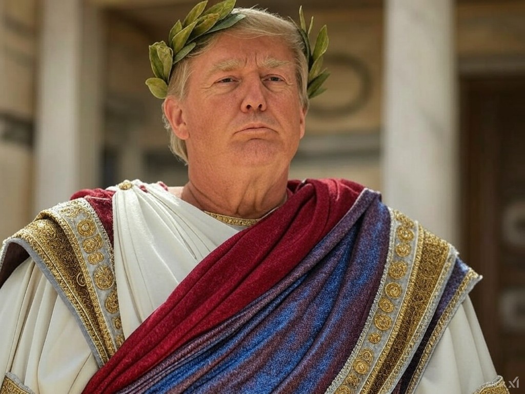 A person dressed in a Roman toga with a laurel wreath, standing outdoors in a classical architectural setting.