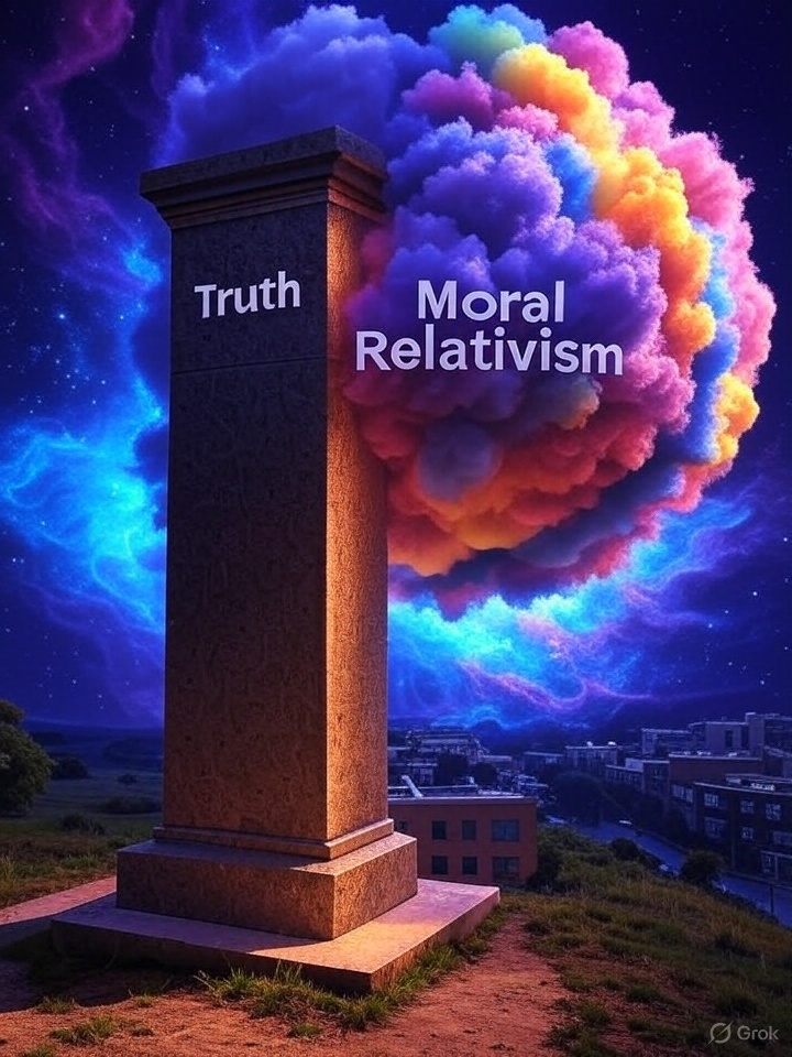 A monument with the words 'Truth' and 'Moral Relativism' on opposite sides, set against a vibrant cosmic cloud backdrop.