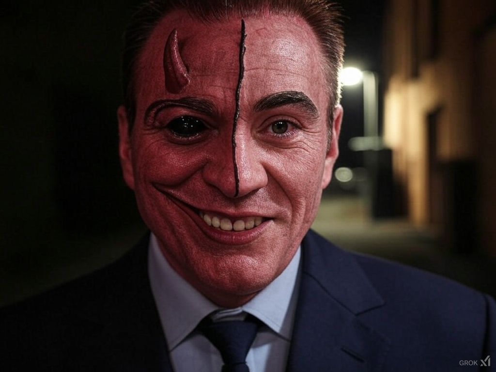 A man in a suit with a dual-face makeup design, one side appearing normal and the other side painted to resemble a devil with dark eyes and a menacing smile, set against a dimly lit background.