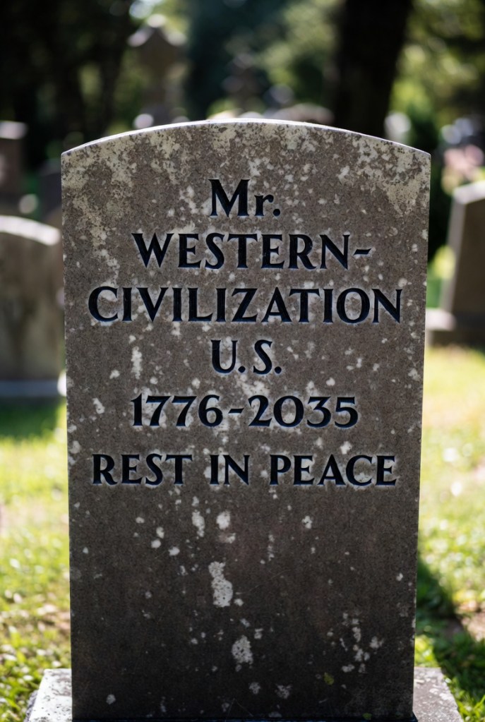 Gravestone engraved with 'Mr. Western-Civilization U.S. 1776-2035 Rest in Peace' surrounded by grass and trees.