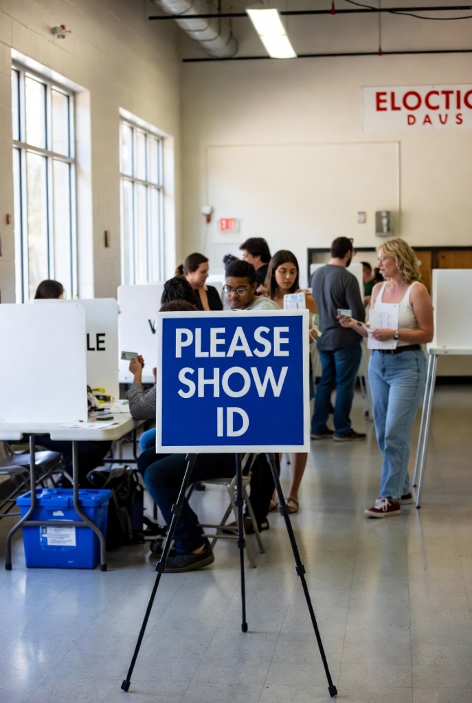 A polling place with a sign that says 'PLEASE SHOW ID', featuring several people interacting and filling out ballots.