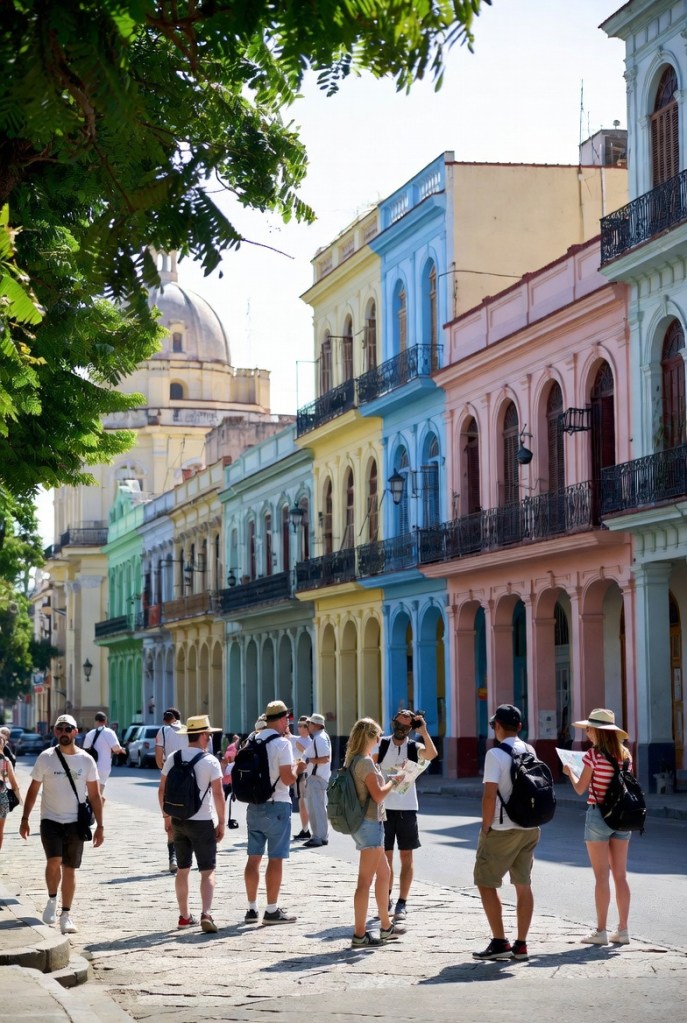 Tourists exploring a colorful street lined with colonial-style buildings in a vibrant city.