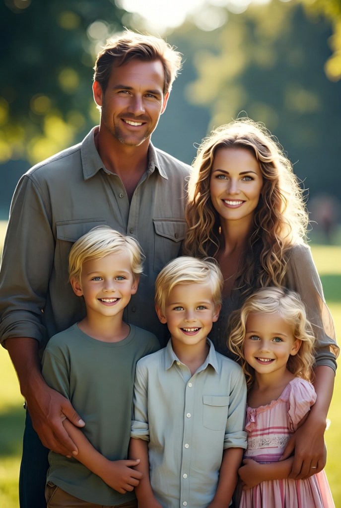 A smiling family of five outdoors, with a father and mother standing in front of three cheerful children. The background features a blurred green park scene, suggesting a sunny day.