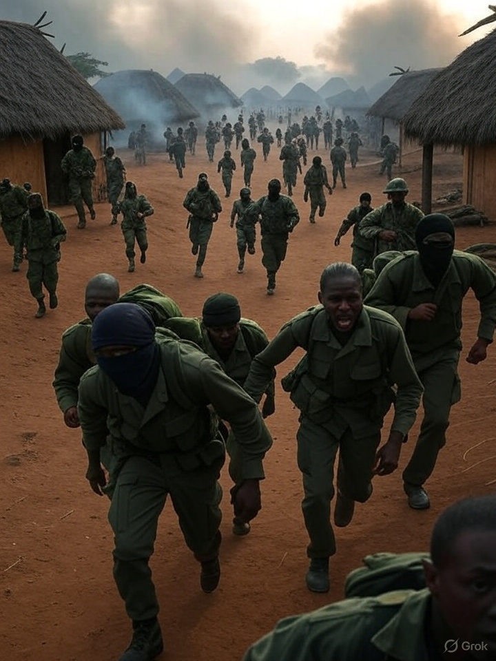 A group of soldiers running towards the camera in a dusty area with huts in the background, under a smoky sky.