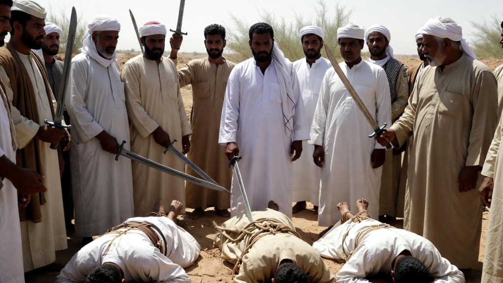 A group of men in traditional clothing holding swords, surrounding two individuals lying on the ground. The setting appears to be an outdoor area with sparse vegetation.