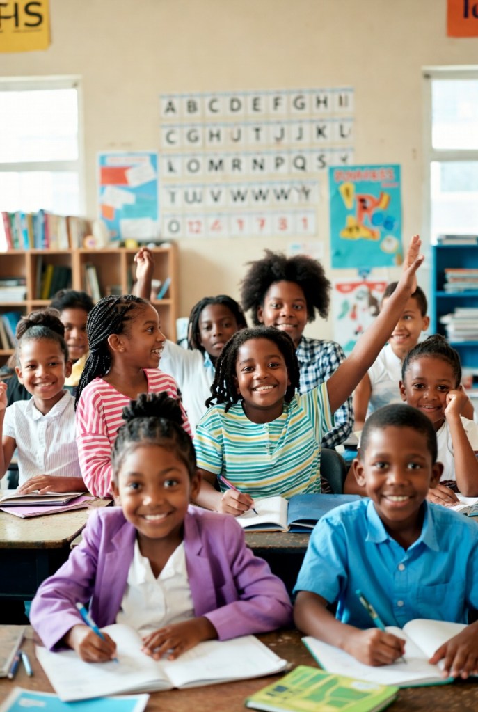 A lively classroom filled with diverse children, smiling and actively engaging. Some are raising their hands, while others are writing in notebooks. A colorful educational environment with bookshelves in the background and alphabet letters displayed on the wall.