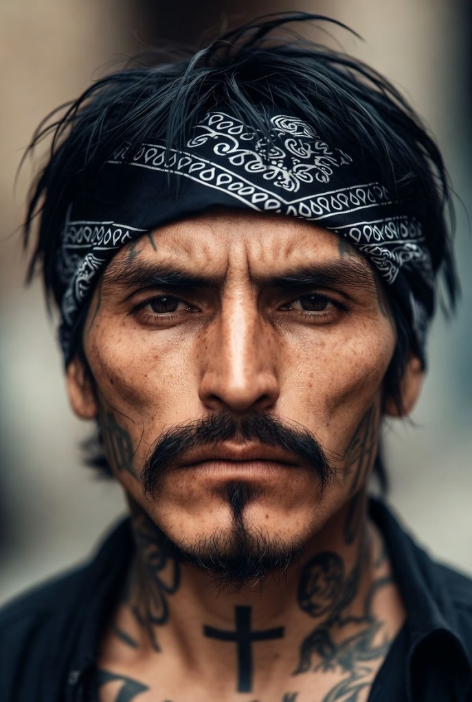 Close-up portrait of a man with long black hair, wearing a black bandana, showcasing facial tattoos and a strong expression.