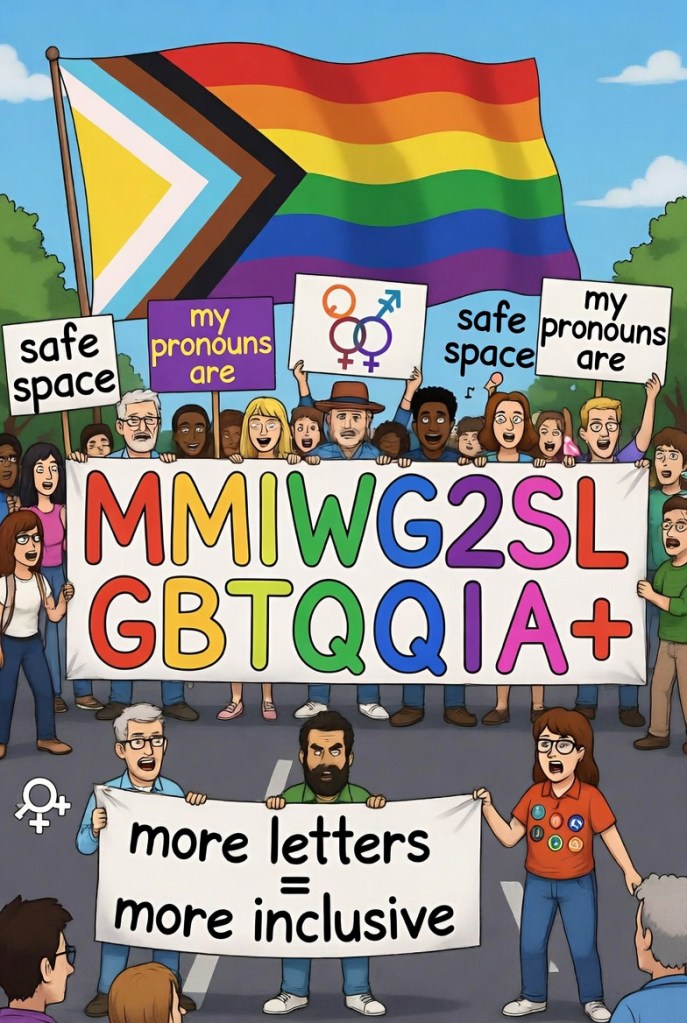 A diverse group of people at a pride parade holding banners with messages about inclusivity and safe spaces. Colorful flags in the background and signs reading 'MMIWG2SL GBTQQIA+' and 'more letters = more inclusive'.