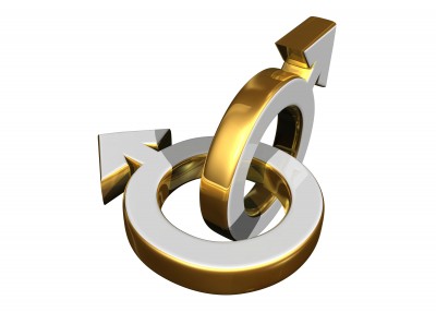 3D representation of male gender symbols intertwined, featuring shiny gold and silver colors.