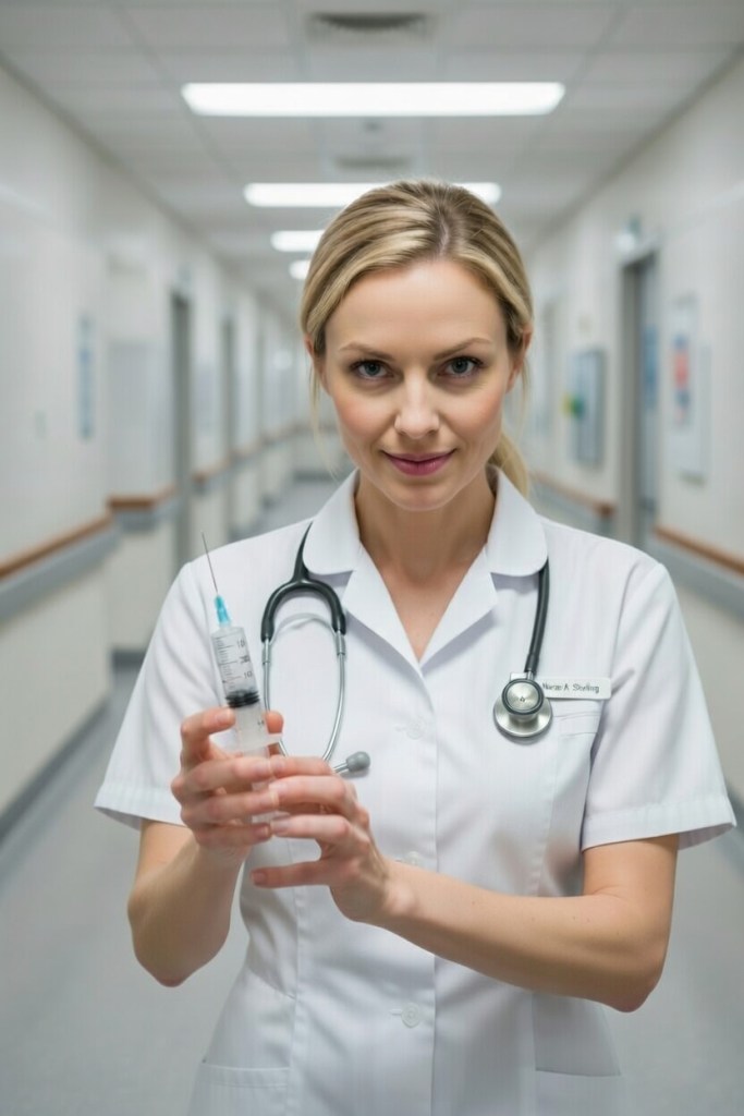 A nurse holding a syringe while standing in a hospital corridor, wearing a white uniform and a stethoscope around her neck, with a focused expression.