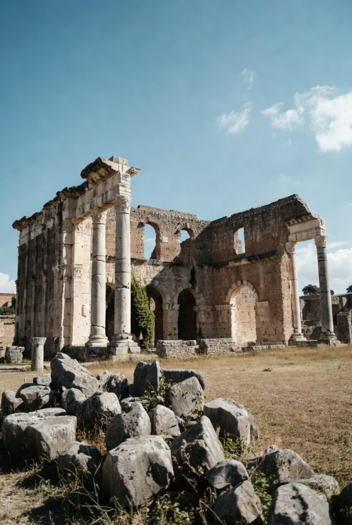 Ancient ruins of a structure with large columns and arches, surrounded by a field of grass and scattered stones, under a blue sky.