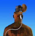 A surreal illustration of a human figure from the back, with an open head revealing conceptual elements like gears and a wire leading out, set against a blue gradient background.