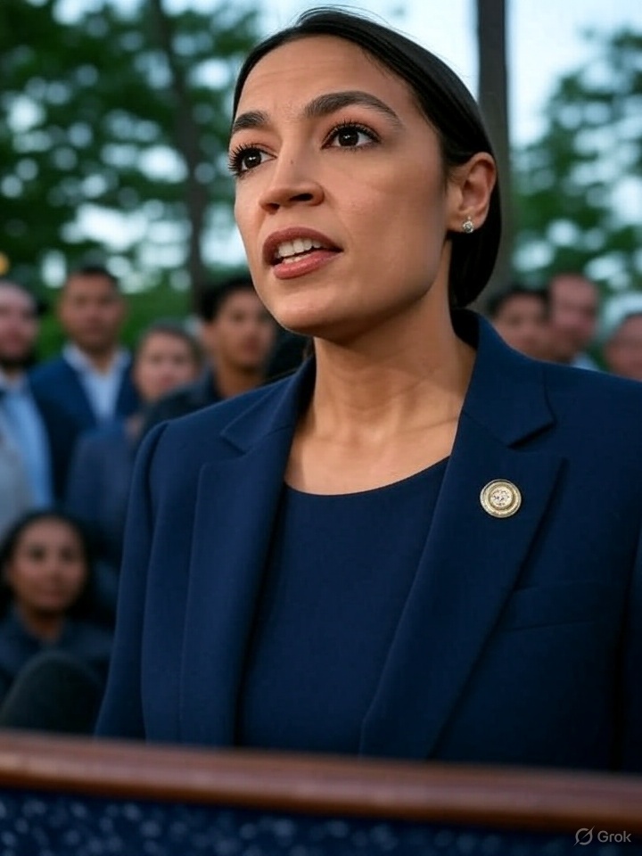 A woman in a dark blue blazer speaking passionately at a podium, with a group of people blurred in the background.