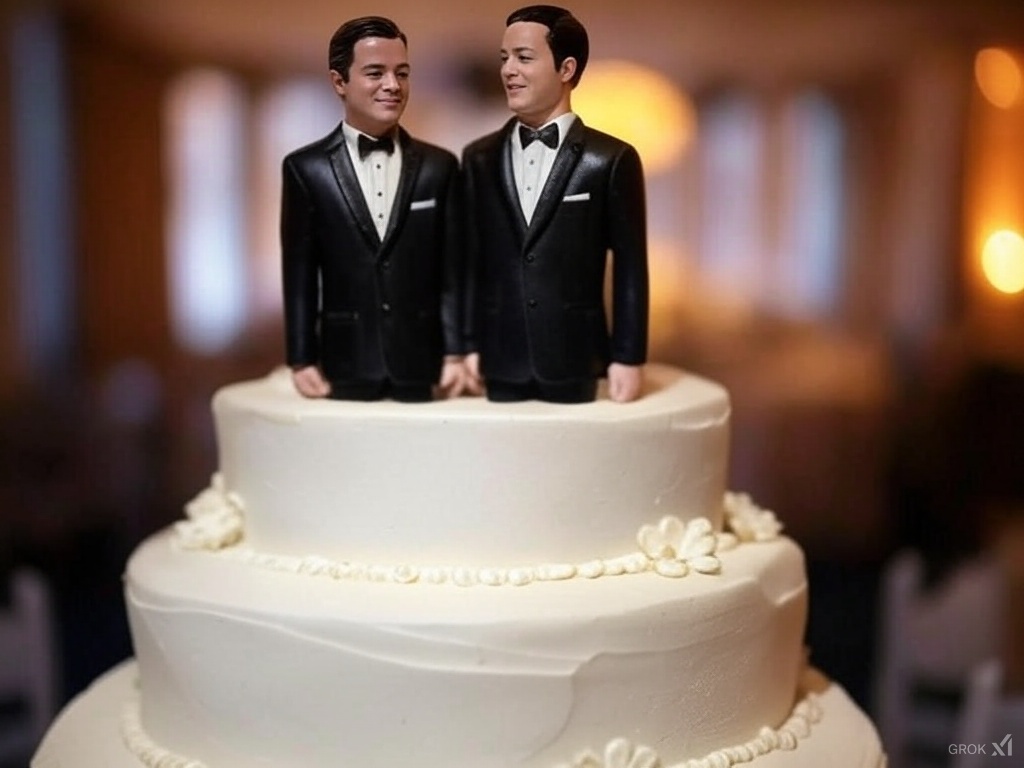A wedding cake topped with two figurines of men in tuxedos, standing side by side and holding hands, with a blurred background.