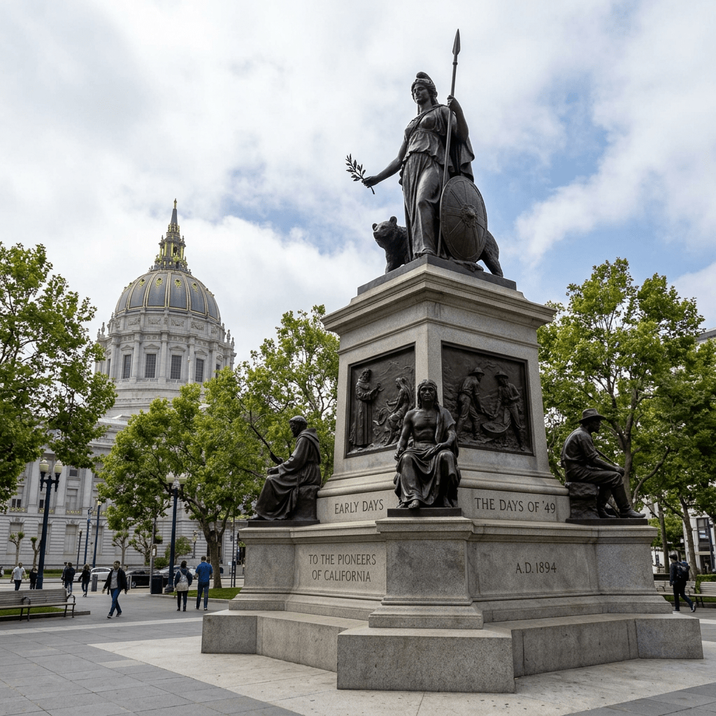 Monument honoring California pioneers with bronze statues and city hall dome in background