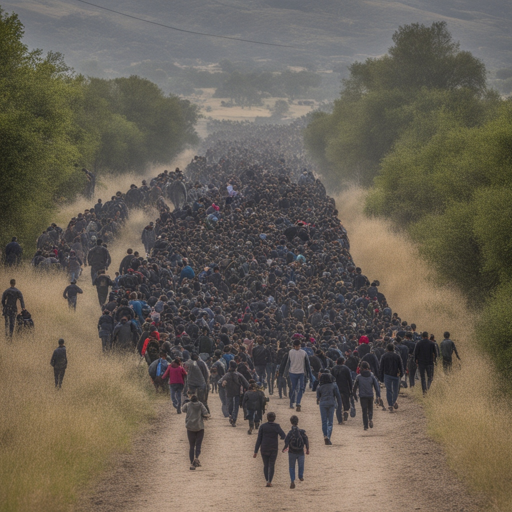 A large crowd of people walking along a dirt path surrounded by greenery.