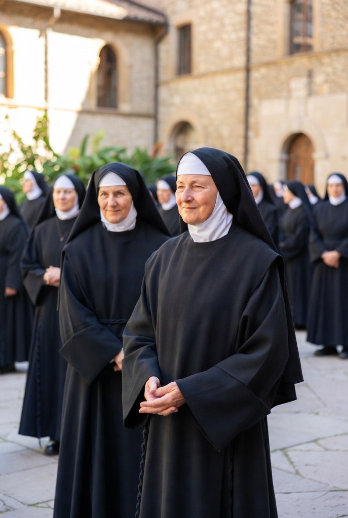 A group of nuns in black robes and veils standing together in a courtyard with stone buildings in the background.