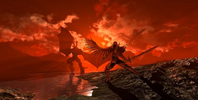 A dramatic fantasy scene featuring a warrior with wings standing on rocky ground, brandishing a sword under a fiery red sky, with a large dragon silhouette in the background.