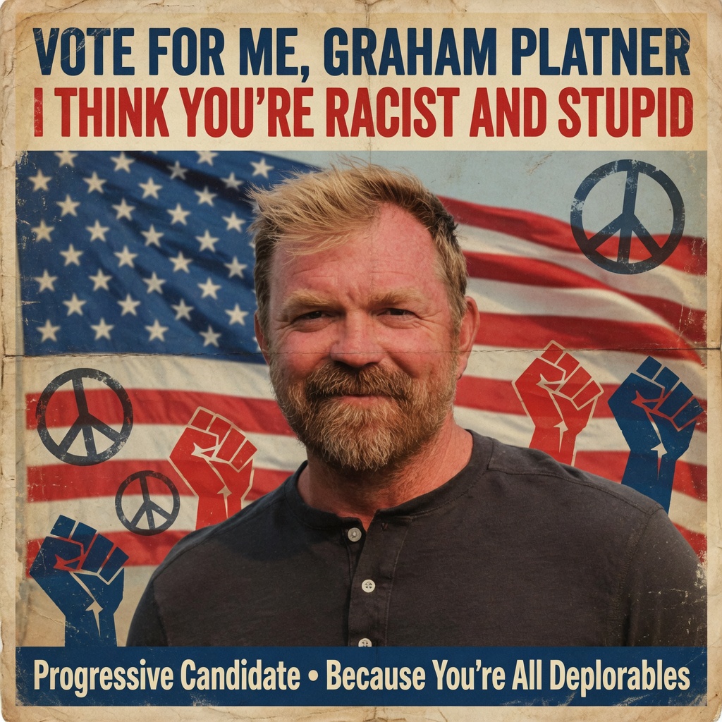 Political campaign poster featuring a man with a beard, smiling, in front of an American flag background. The poster includes bold text statements promoting his candidacy and criticizing voters, along with peace symbols and raised fist graphics.