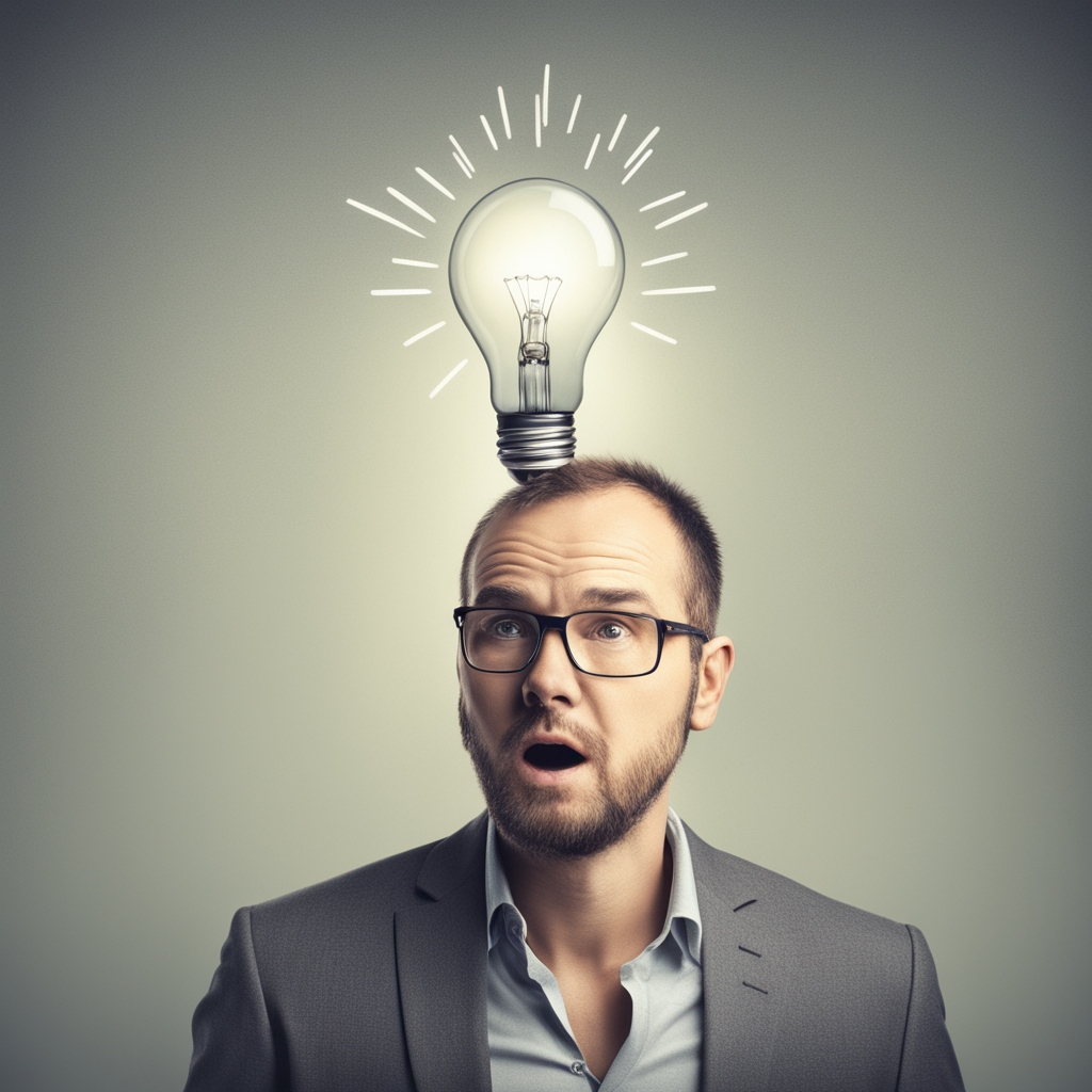 A surprised man in a suit with glasses has a light bulb above his head, symbolizing an idea or inspiration.