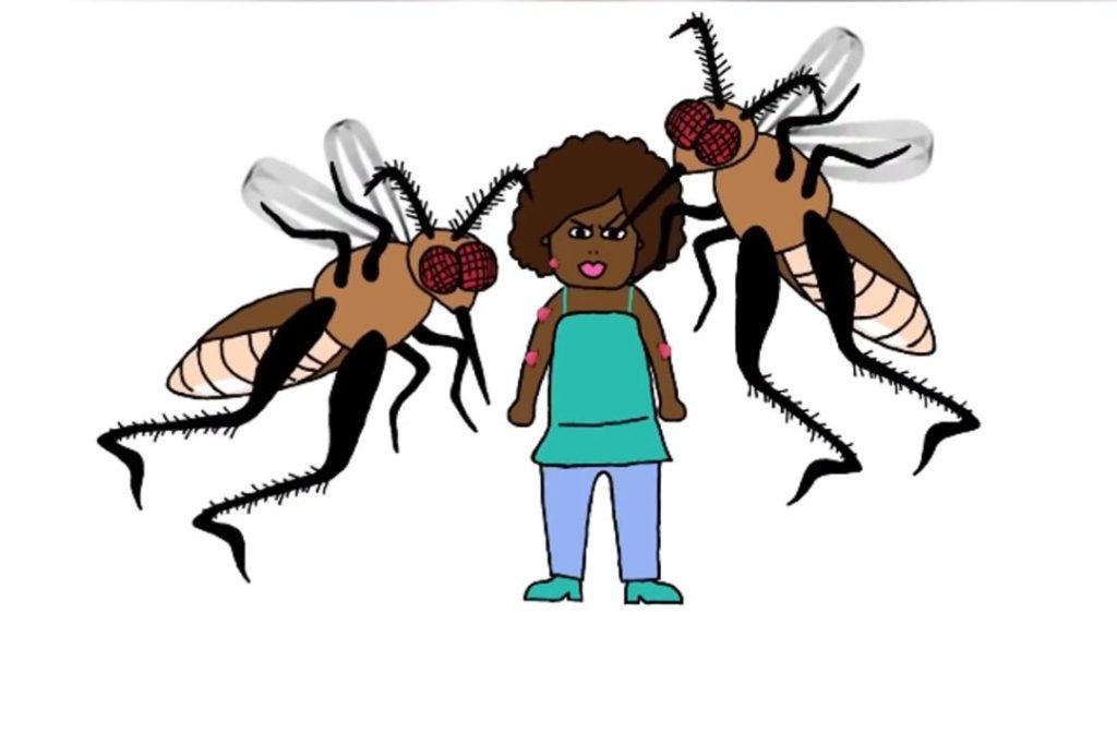 A cartoon illustration of a girl with curly hair standing between two large cartoonish flies, displaying a confident facial expression.