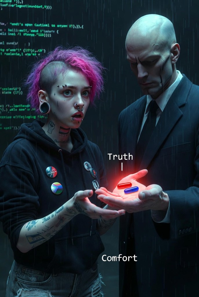 A young person with pink hair and piercings stands in front of a dark, coded background, holding out their hands. In one hand, a red pill labeled 'Truth' and in the other, a blue pill labeled 'Comfort.' A tall, bald figure in a suit stands beside them, creating a contrast between choice and consequence.